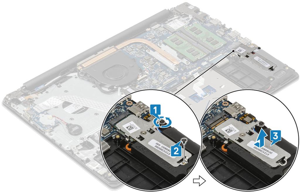 4 Překlopte tepelný kryt. 5 Vyšroubujte šroub (M2x2), kterým je připevněn disk SSD k tepelnému krytu [1]. 6 Zvedněte disk SSD z tepelného krytu [2]. Montáž disku SSD M.