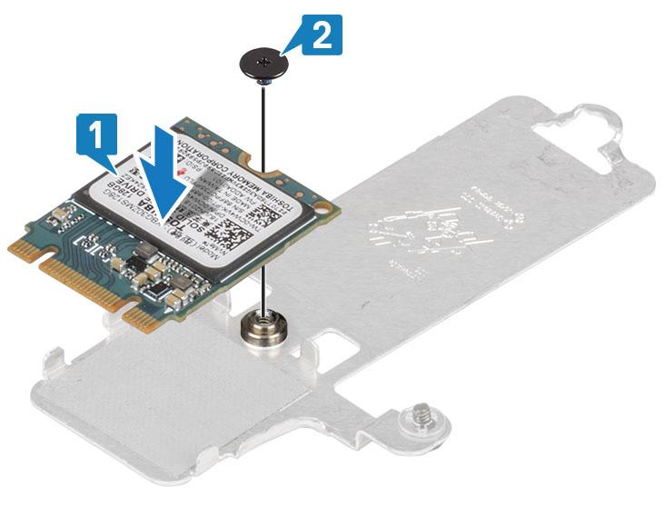 3 Zarovnejte drážky na disku SSD s výstupkem na slotu disku SSD. 4 Zasuňte a vložte disk SSD do slotu disku SSD [1].