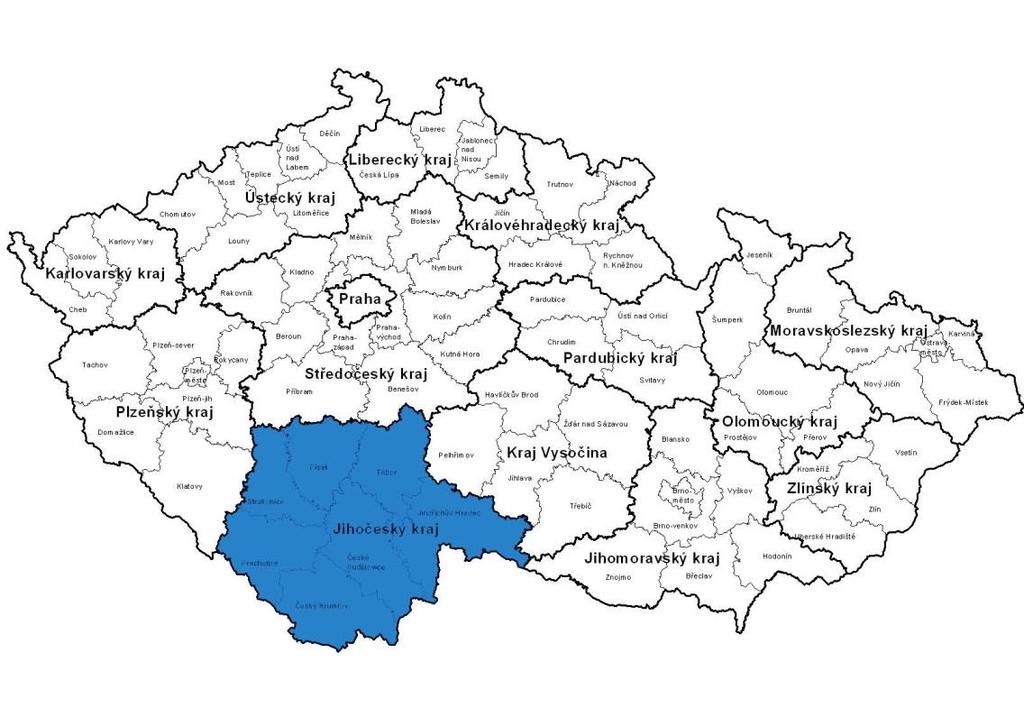 8. JIHOČESKÝ KRAJ Jihočeský kraj (obr. č. 5) má sídelní město v Českých Budějovicích. Počet obyvatel Jihočeského kraje je 636 611 s rozlohou kraje 10 057 km².