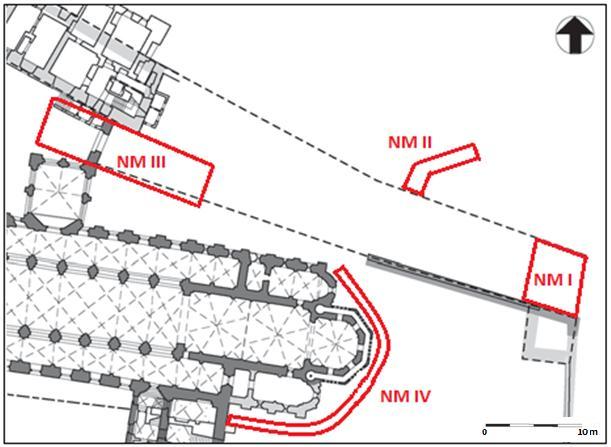 Obr. 6. Vyznačení jednotlivých nálezových míst archeologického výzkumu přístupové komunikace, 2009 2010, II. etapa.