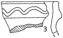 Obr. 81. Fragmenty keramických nádob zdobené vlnicí a rovnou linií (TZ3: č. 1, 3-7; TZ2: č. 2). Výzkum hradní zahrádky 1960, hloubka 2 m a více, ( i. č.): č.