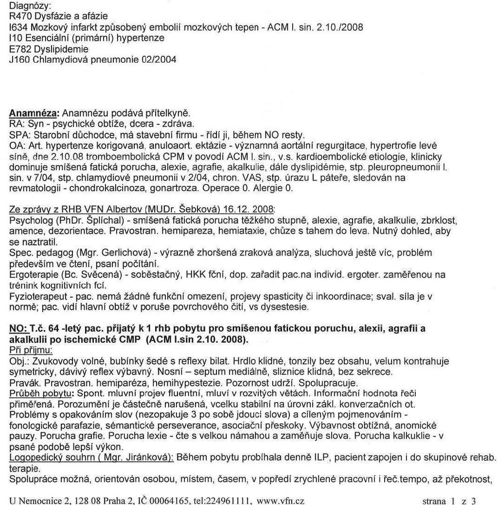 Propouštěcí zpráva subjektu ZM, vyšetření