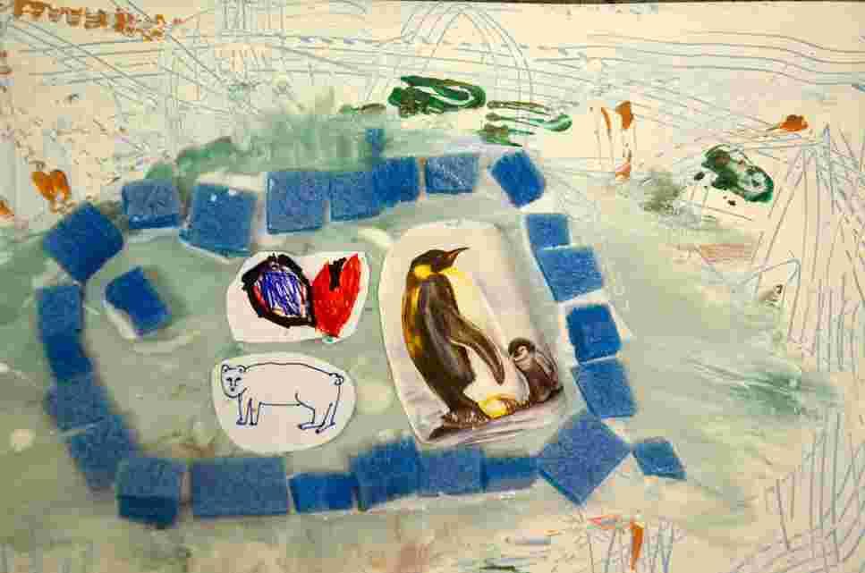 zimní krajina s tučňáky nebo na volné téma -malování a kreslení -koláž -využití netradičních materiálů Děti se naučí: zpracovat malířským způsobem pozadí rozeznávat studené barvy a zesvětlovat pomocí