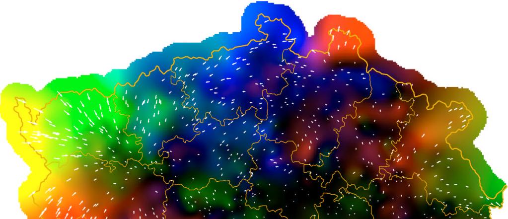 7 Obr. 5 Vizualizace reziduí na identických bodech a prostorů systematických chyb v prostoru Čech Výsledkem je dvojrozměrné chybové pole d y, d x zbytkových chyb v S-JTSK.