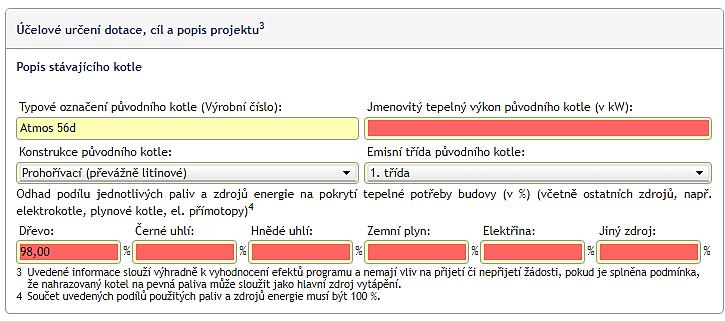 V případě, že formulář žádosti nebyl řádně vyplněn, budou červeně označeny položky, které neprošly kontrolou.