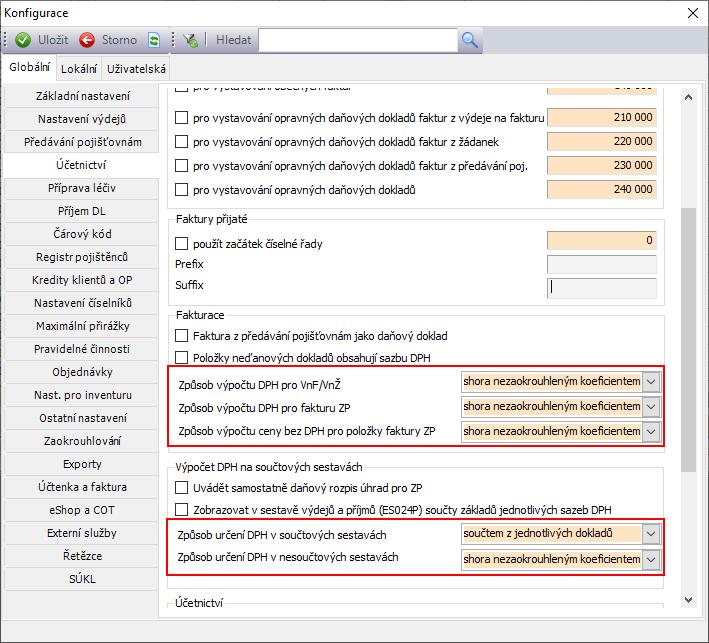 Tento výpočet se řídí nastavením v menu NÁSTROJE/KONFIGURACE/ÚČETNICTVÍ. Zde je v části Fakturace nastavení způsobu výpočtu DPH.