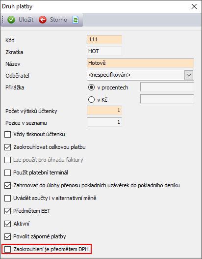 U hotovostních plateb není zaokrouhlení předmětem DPH Zásadní je změna nastavení v číselníku typů plateb (ČÍSELNÍKY/OSTATNÍ ČÍSELNÍKY/TYPY PLATEB). Zde je nová volba Zaokrouhlení je předmětem DPH.