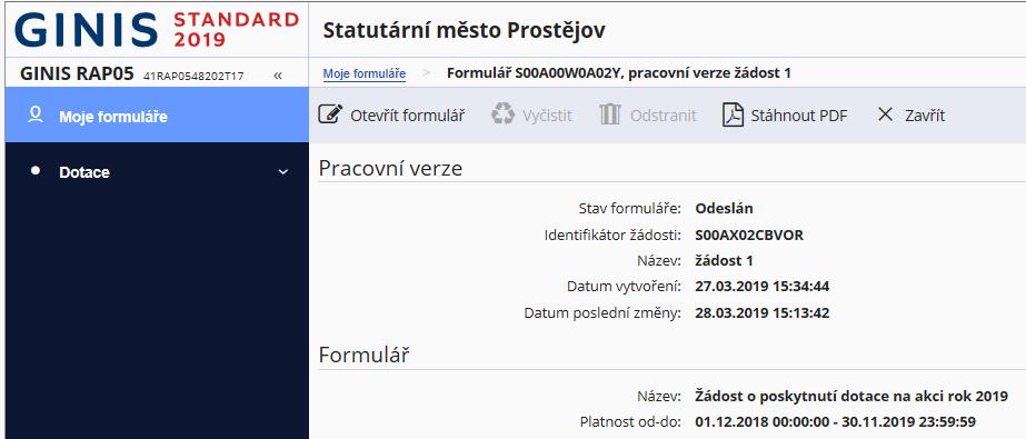 Klikněte na odeslaný formulář a dostanete se na detailní informace o formuláři.