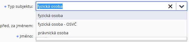V poslední společné části formuláře si zvolíte Typ subjektu Podle zvoleného typu subjektu se zobrazí pole pro zadání registračních údajů.