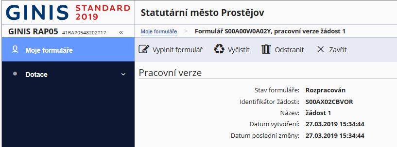 V horní menu máte nabídku možností, jak s formulářem dále pracovat: pokračovat ve