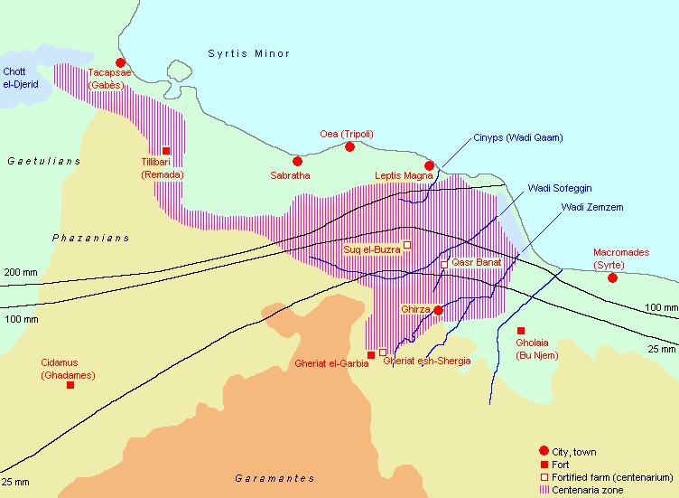 3. Mapka fortifikace Limes tripolitanus s vyznačenými městy, pevnostmi i