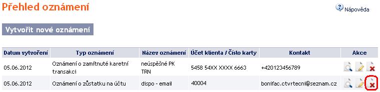 3. Smazání oznámení Pro smazání oznámení klikněte na ikonku Smazat. IB zobrazí detaily vybraného oznámení.