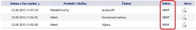 Žádosti mohou mít tyto statusy: Zkratka Slovní označení Popis ACCEPTED ACCEPTED. Provedeno. Žádost byla úspěšně zpracována a požadovaná změna byla Bankou provedena. PASSED PASSED. Předáno do Banky.