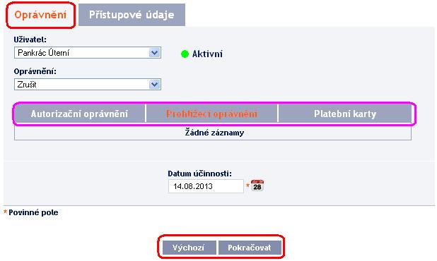 Jednotlivá pole zadejte následovně pole označená červenou hvězdičkou jsou povinná: Pole Uživatel Oprávnění Autorizační oprávnění Prohlížecí oprávnění Platební karty Datum účinnosti Popis Zde vyberte