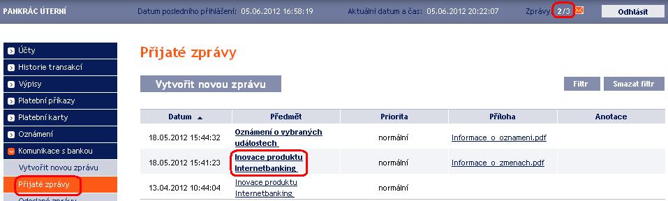 V poli Text zprávy je uveden text zprávy od Banky. Na obdrženou zprávu můžete odpovědět kliknutím na tlačítko Odpovědět zobrazí se pole pro vytvoření a zaslání zprávy do Banky (viz bod B.).