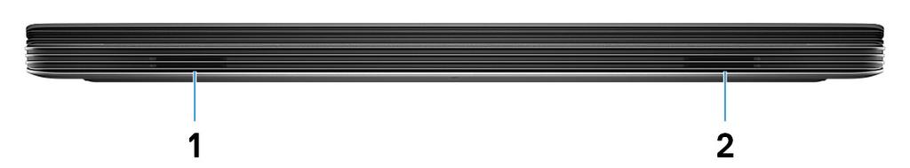 Pohledy na počítač Dell G7 7790 3 Vpředu 1 Levý reproduktor Zajišťuje zvukový výstup. 2 Pravý reproduktor Zajišťuje zvukový výstup.