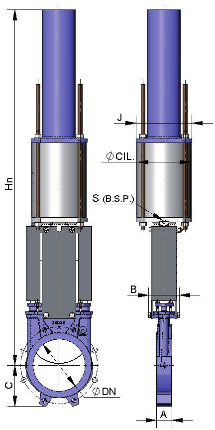 Typ A s 1-činným pneumatickým pohonem Obr. 8 CYL Ø válce ND fig. 23 (Kg/cm 2 ) A B C Ø válce Ø pístní tyče J S (B.S.P.