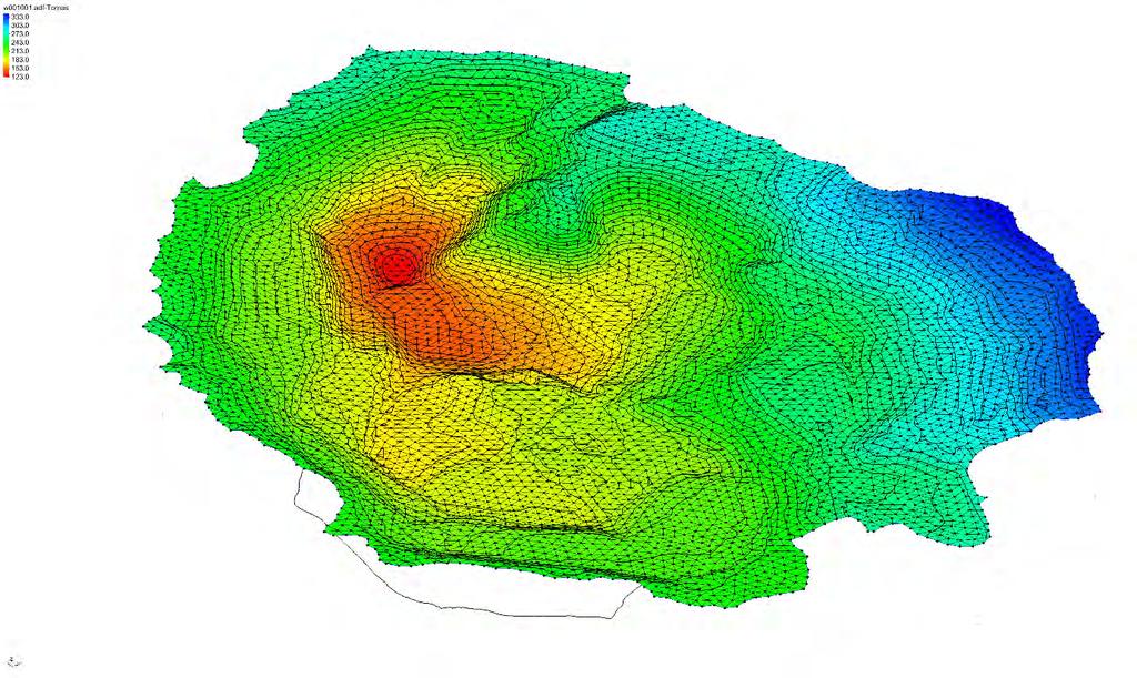 3D modelování oblasti 3D vizualizace plochy horní hranice hydraulického modelu, která je kombinací
