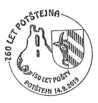 V obrazu razítka je stylisticky zobrazena zřícenina hradu Potštejna a obecní znak. 517 43 Potštejn, p.p.p. v Informačním středisku P.p.p. - Jarníkova 95, Potštejn v čase od 9:00 do 17:00 hod.