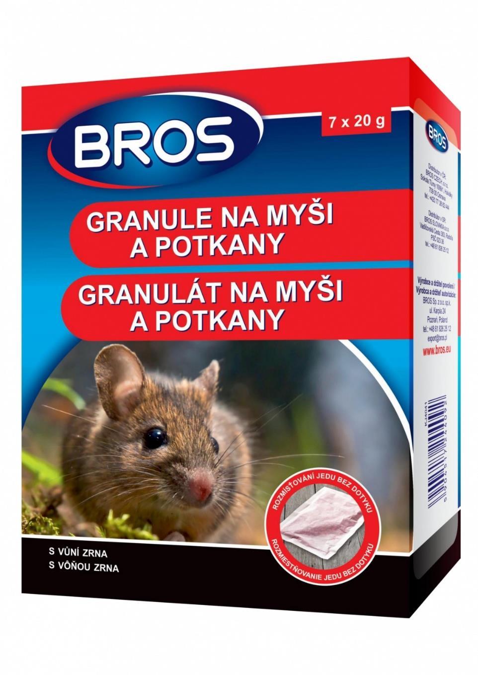 GRANULE NA MYŠI A POTKANY BROS, 7x20 gramů 61,- Použití jak ve vnitřních prostorách, tak v okolí budov, díky přiměřené tvrdosti granulí a