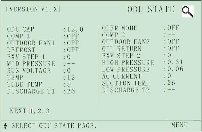 2.3.3 Stránka ODU STATE (Stav venkovní jednotky) Na stránce MENU vyberte ODU STATE a stisknutím tlačítka Confirm potvrďte přechod do