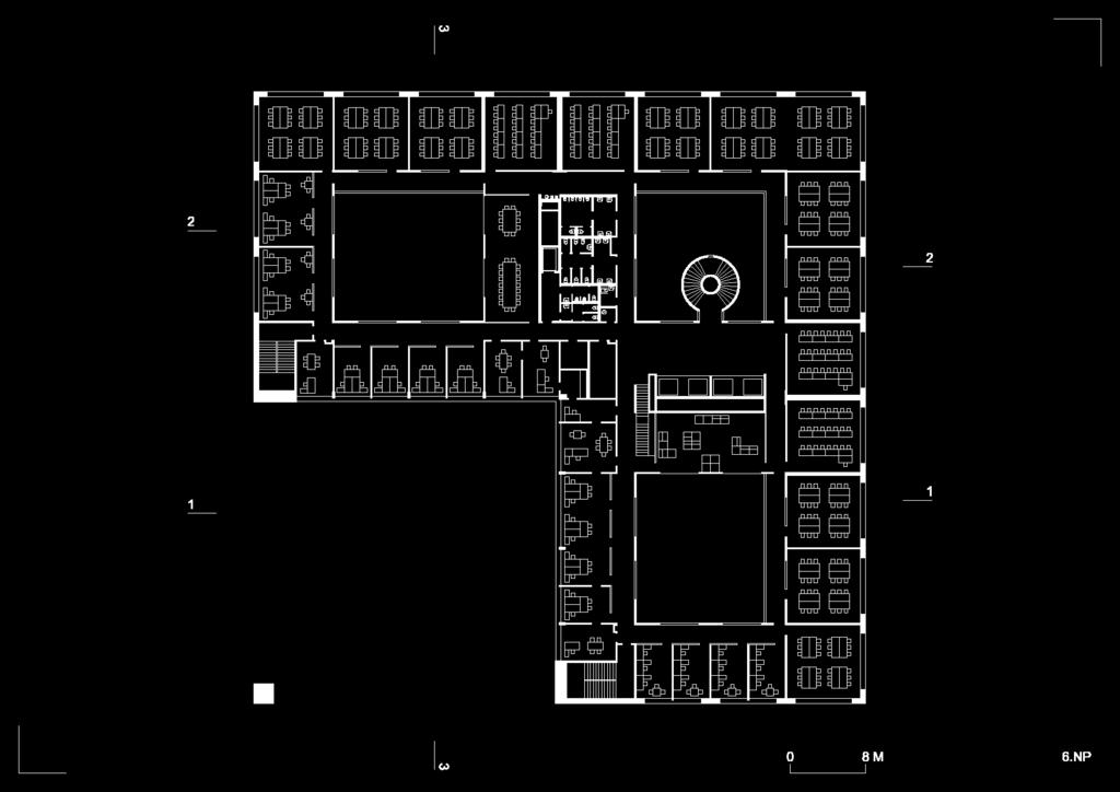 3 North-east facade with the extended structures of the lecture halls 2a 3 2b 2c Budova je orientována k přístupové ose areálu kampusu ČVUT.