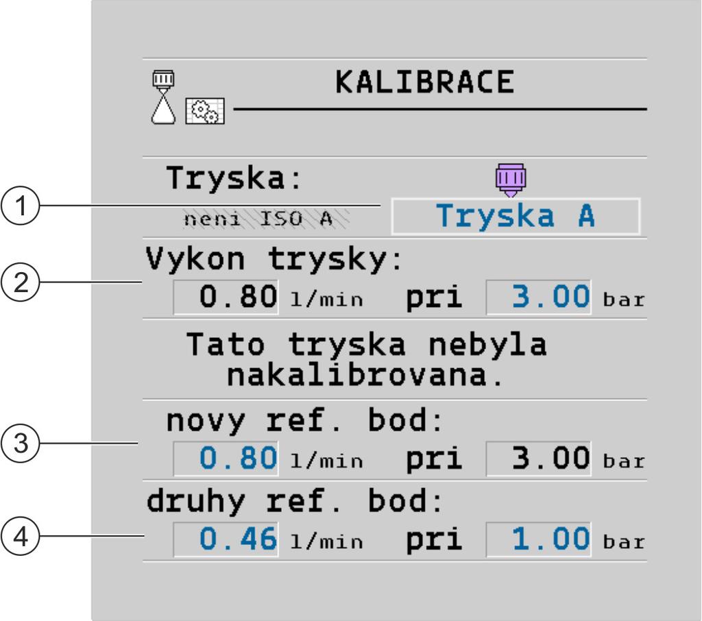 7 Konfigurace pracovního počítače Konfigurace trysek u postřikovačů s regulací snímačem tlaku Výpočet můžete také provést pomocí požadovaného množství postřiku: 1. Stiskněte, aby se v oblasti Uživ.