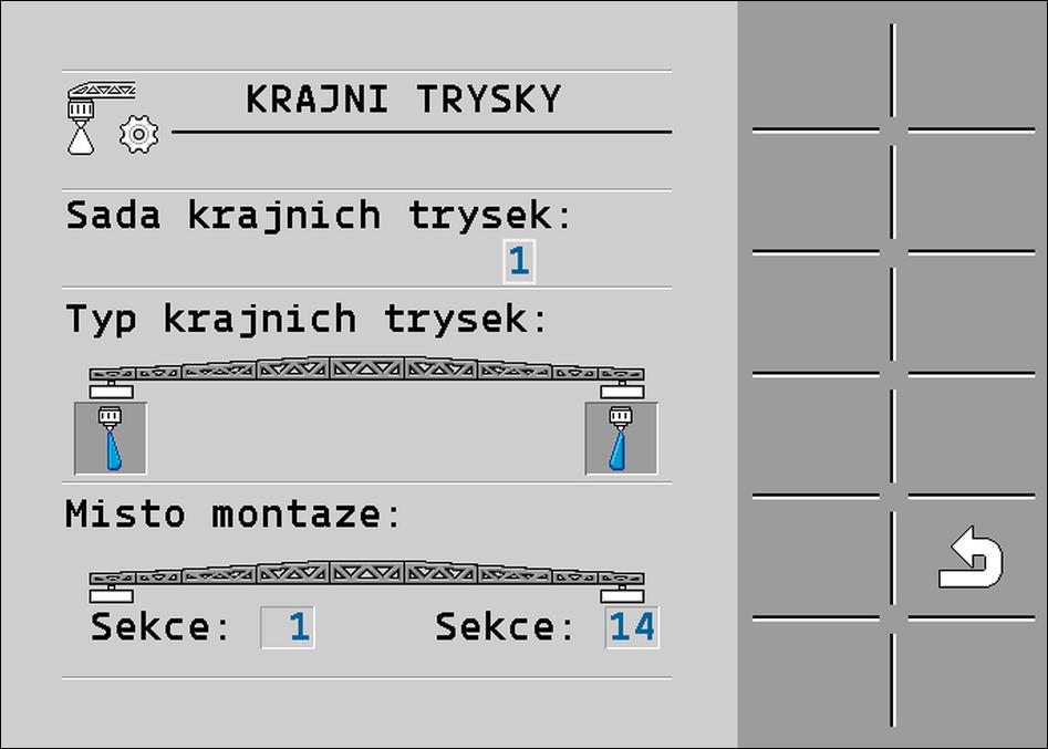 Konfigurace pracovního počítače Krajní trysky 7 Zobrazí se tato obrazovka: 2. Na řádku Sada krajnich trysek nastavte, pro jakou sadu krajních trysek chcete nastavení provést.
