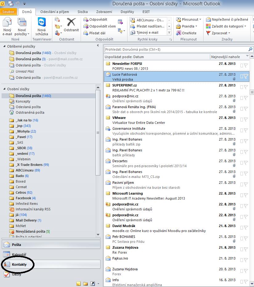 Kontakty Outlook neslouží pouze k odesílání a přijímání pošty.