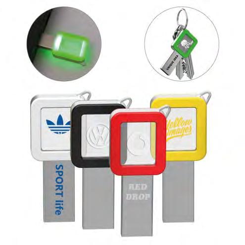 Moderní design příjemně snoubí kovovou část vhodnou pro laser, s akrylovou částí, do které je možný 2D laser loga. Po zasunutí do USB portu je průhledná část osvětlena barevnou LED diodou.