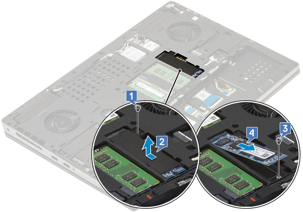 Montáž modulu disku SSD M.2 1. Postup montáže modulu disku SSD M.2 (Slot 4): a) Umístěte disk SSD M.2 do slotu v držáku disku SSD [1].