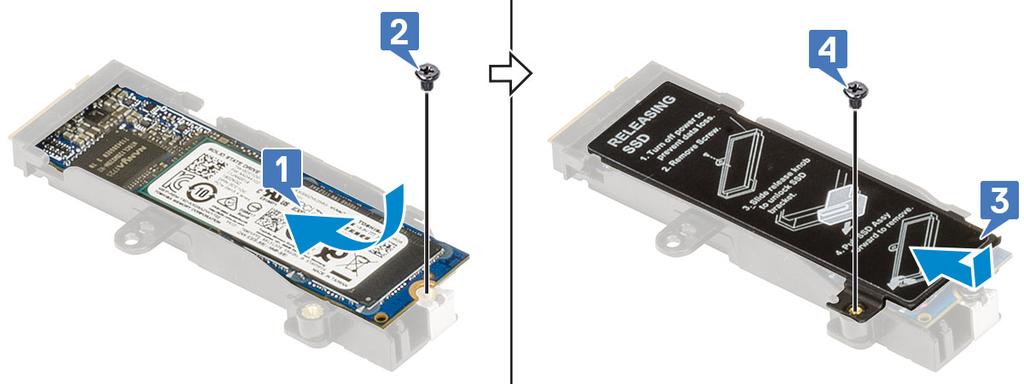 d) Zašroubujte jeden šroub (M2,0x3,0), kterým je chladicí deska připevněna k sestavě disku M.2 SSD [4]. e) Zarovnejte sestavu disku SSD M.2 do slotu v systému [1].