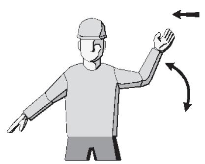 Natažená ruka signalizuje směr a rychlost zatočení. Význam: Pokyn: Pohyb MMP směrem od náležitě poučené osoby. Zatočit doleva.