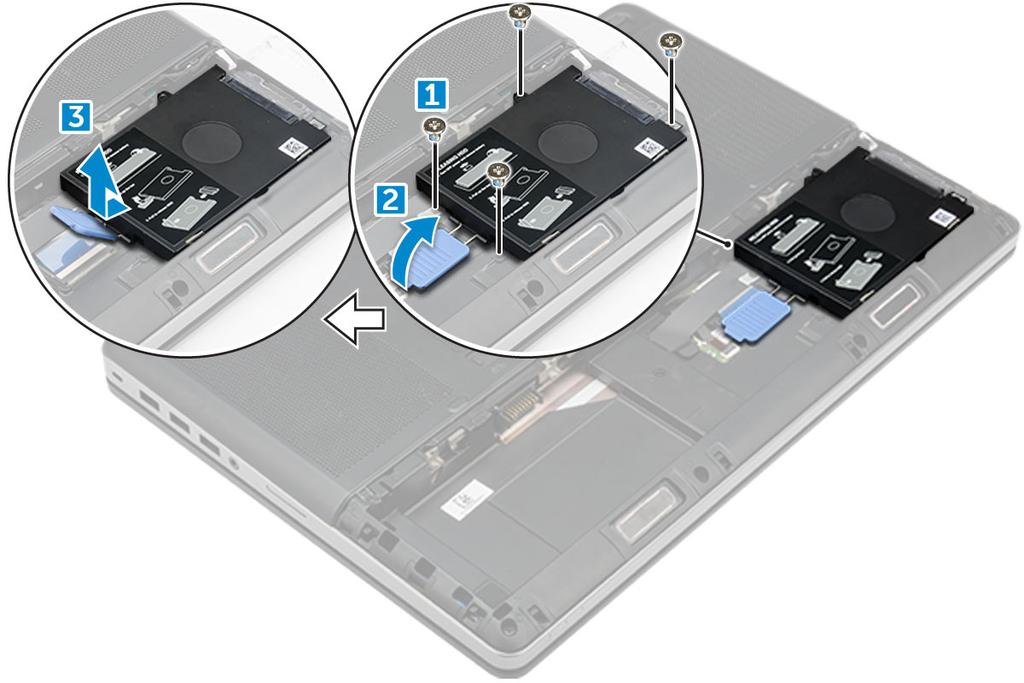 4. Odstraňte šrouby M3,0x3,0, které upevňují pevný disk. Zvedněte pevný disk z držáku. Montáž pevného disku 1.