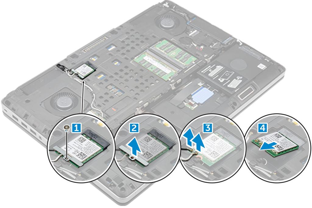 Montáž karty sítě WLAN 1. Kartu WLAN zasuňte do jejího slotu v počítači. 2. Veďte kabely antény vodicí drážkou a připojte je ke kartě WLAN. 3.