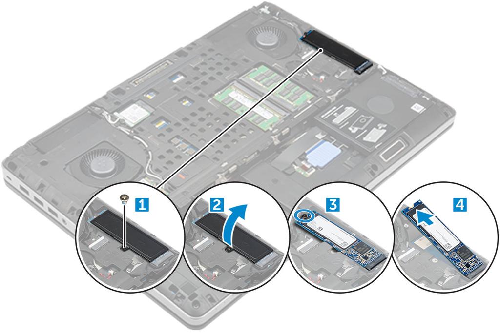 Montáž modulu disku SSD M.2 1. Vložte disk SSD do příslušného slotu. 2. Zašroubujte šrouby M2.0x3.0, kterými je disk SSD připevněn k počítači. 3. Položte na disk SSD chladicí desku. 4.