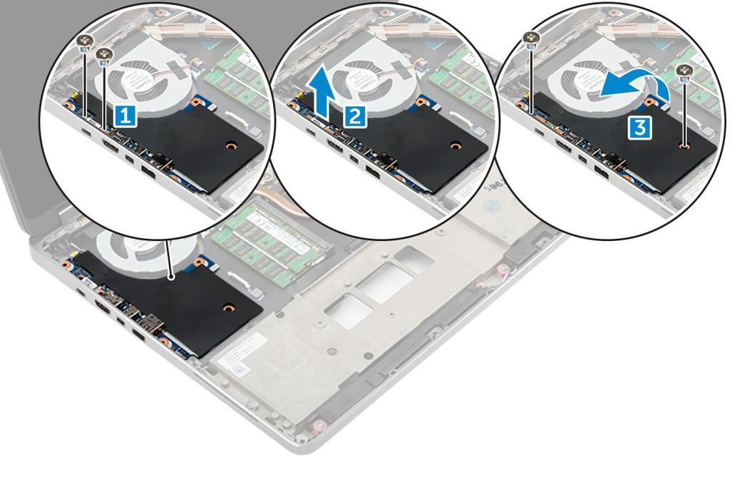 Instalace levé desky I/O 1. Zasuňte desku I/O do slotu v počítači. 2. Namontujte držák thunderbolt. 3. Zašroubujte šrouby M2.5x5.0, kterými je deska I/O připevněna k počítači. 4.