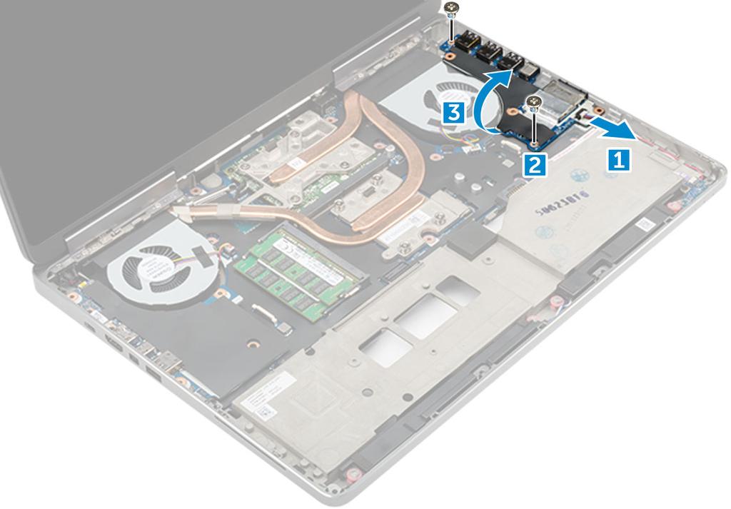 Instalace pravé desky I/O 1. Připojte konektor desky I/O a zasuňte desku I/O do slotu v počítači. 2. Zašroubujte šrouby M2.5x5.0, kterými je deska I/O připevněna k počítači. 3.