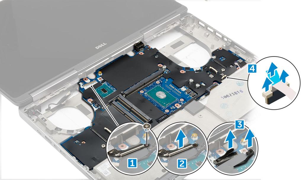 i) primární operační paměť j) Karta WLAN k) karta WWAN l) karta SSD M.2 m) grafická karta n) port konektoru napájení o) opěrka rukou p) deska I/O (levá) q) deska I/O (pravá) r) chladič 3.