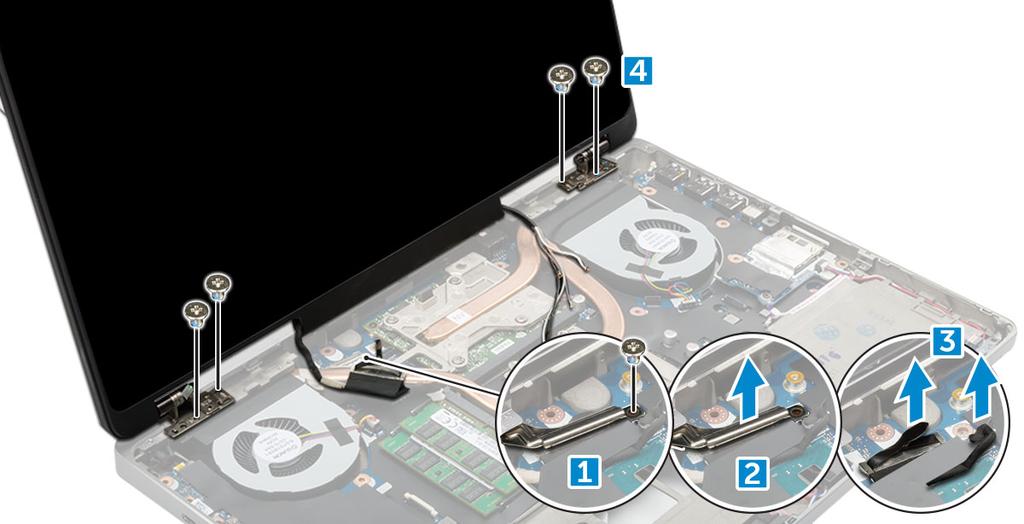 Montáž sestavy displeje 1. Vložte sestavu displeje do slotů v počítači. 2. Dotažením šroubů M2.0X3 upevněte sestavu displeje na místě. 3. Na sestavu chladiče nalepte pásku. 4.