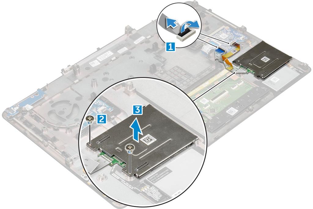 e) klávesnice f) opěrka rukou 3. Demontáž karty ExpressCard: a) Odpojte kabel karty ExpressCard od počítače [1]. b) Demontujte šrouby M2.5x5.0, které upevňují kartu ExpressCard k počítači [2].