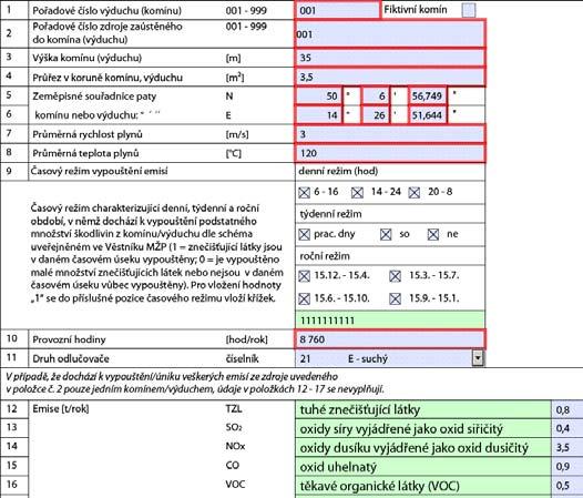 Příklad vyplnění č. 2 vypouštění emisí z více zdrojů do jednoho komínu (výduchu): Zdroj č. 001 