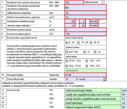 Parametry komínů a množství emisí uvede provozovatel ve dvou listech 4 dle následujícího schématu: Stejná množství emisí obou spalovacích zdrojů jsou zároveň uvedena v samostatných listech 2 pod