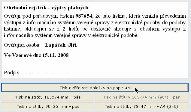 3.6. Jednací číslo a ověřovací doložka Po uložení formuláře se na jeho konci zobrazí ověřovací doložka.