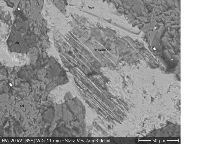 alumosilikátu oxidy a hydroxioxidy Fe - BSE RTG-fluorescenční spektrometrie vzorek A Ve vzorku metadoleritu ze Staré Vsi A se nacházejí jako hlavní prvky