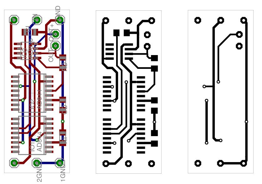Obr. 45: Návrh modulu oboustranné DPS mutátorového modelu se Schottkyho diodou v zátěži (verze 2). Vlevo osazovací návrh, uprostřed strana součástek, vpravo spodní strana.