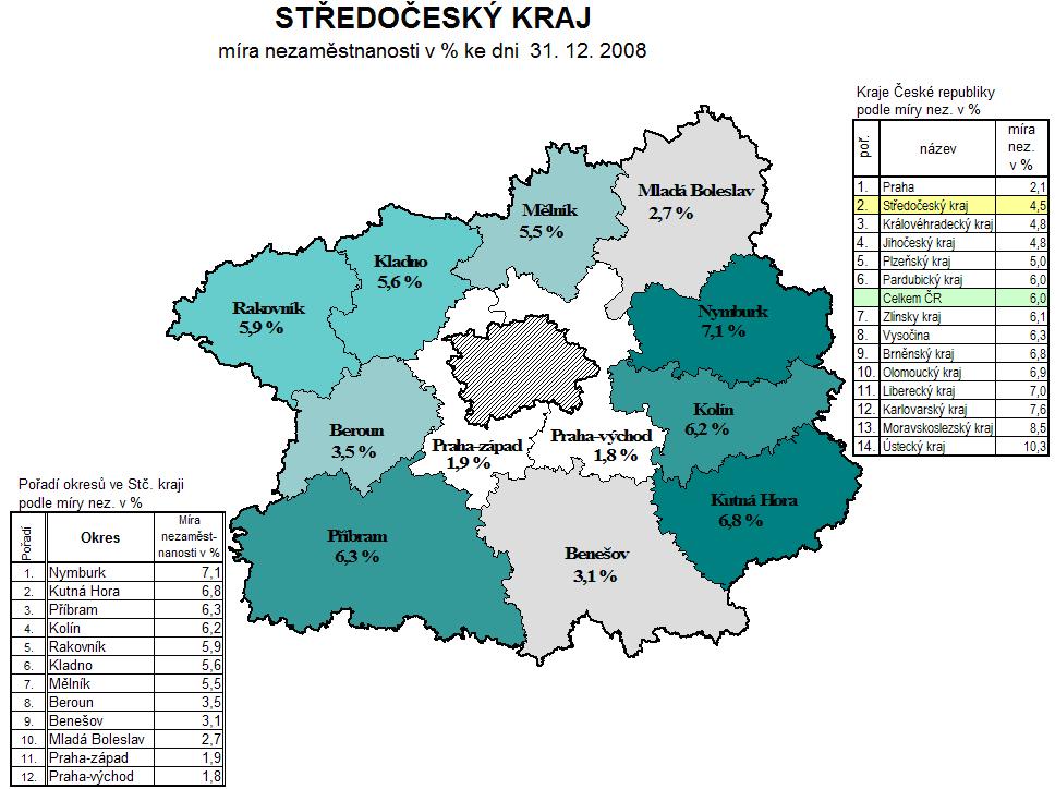 Míra nezamstnanosti v okresech Stedoeského kraje k 31. 12. 2008 - mapa Vývoj nezamstnanosti ve stedních echách je velice podobný vývoji nezamstnanosti v celé eské republice.