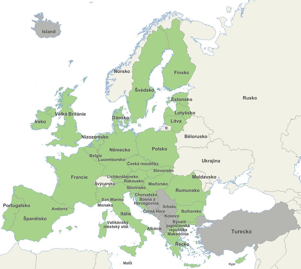 Obr. 2.1: Mapa 28 členských států Evropské unie k 1.3.2014. Zeleně jsou označeny členské státy, šedou barvou potenciální noví členové EU a žlutě ostatní státy [1].