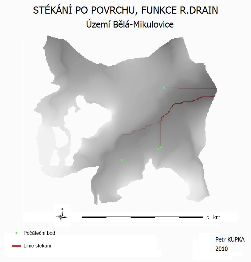 7. Výstupem je zobrazený DEM s požadovanou linií kontaminace a případnými zasaženými objekty. Obr. 1. Výstup funkce r.drain v prostředí GRASS.