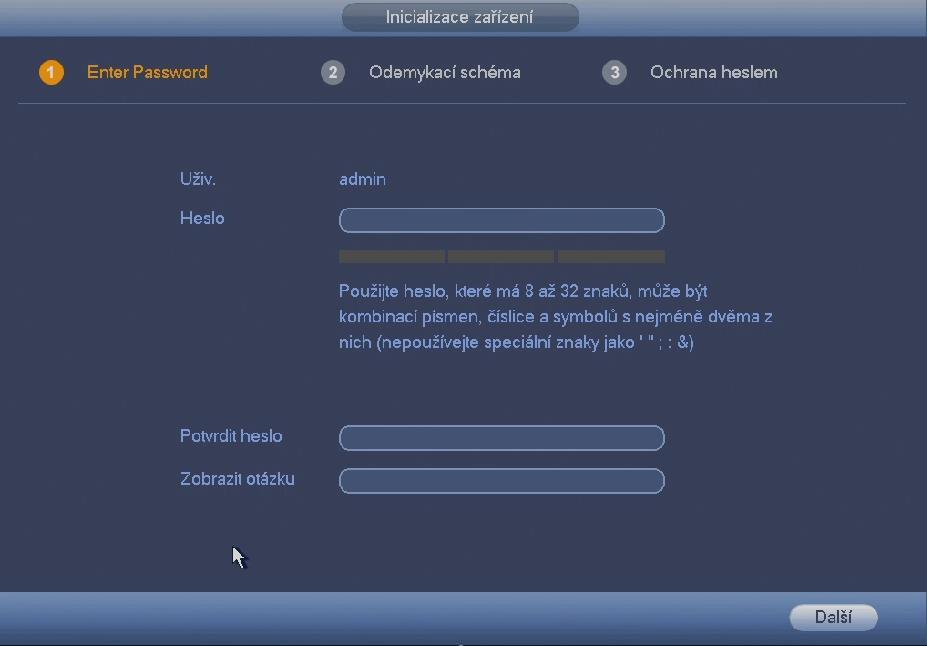 správce. Doporučujeme používat silná hesla (kombinace znaků a čísel). Postupujte podle níže uvedených kroků. 1. Zapněte NVR. Monitor zobrazuje rozhraní inicializace zařízení. Viz Obrázek 1-6.